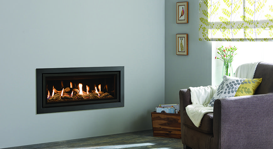 Gazco Studio 2 Profil gas fire in Anthracite with Driftwood Log-effect fuel bed and Black Glass lining