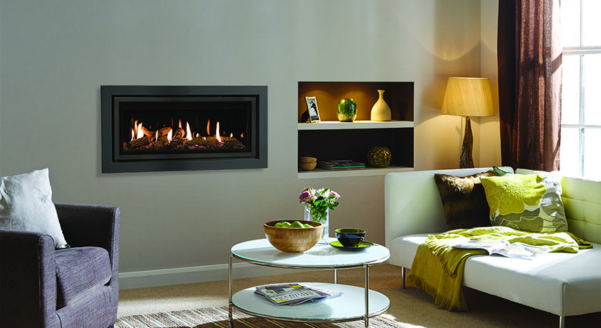 Gazco Studio 2 Profil gas fire in Anthracite with Log-effect fuel bed and Black Glass lining