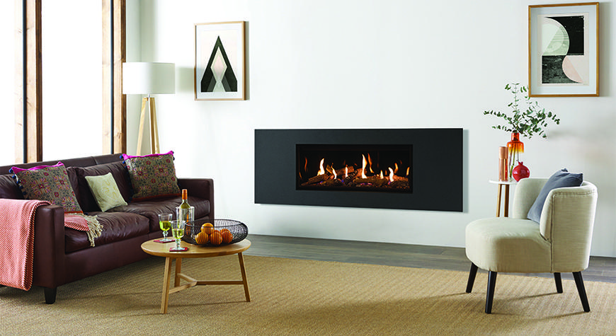 Gazco Studio 2, Steel 2 Frame in Graphite with Log-effect fuel bed and Black Glass lining