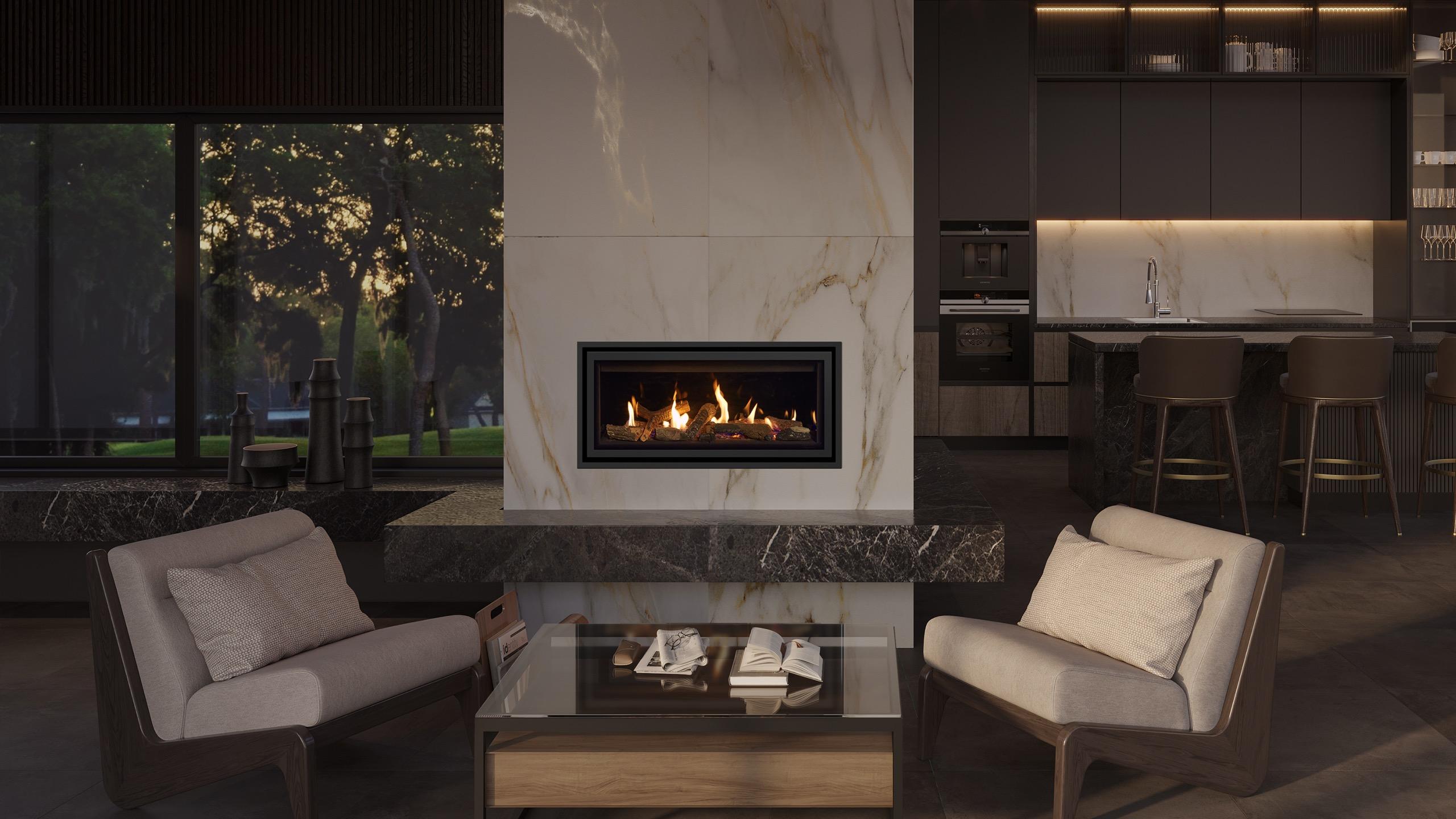 Studio 2 Edge+ with Log-effect fuel bed and EchoFlame Black Glass lining Studio Gas Fires