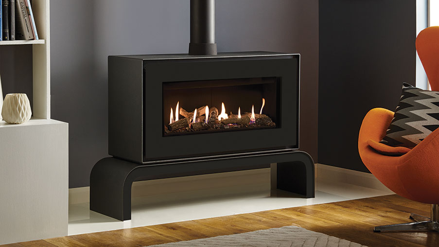 Gazco Studio 2 Gas Freestanding Gas Fire with Black front and matching bench, Log Effect Fuel Bed and Black Reeded Lining