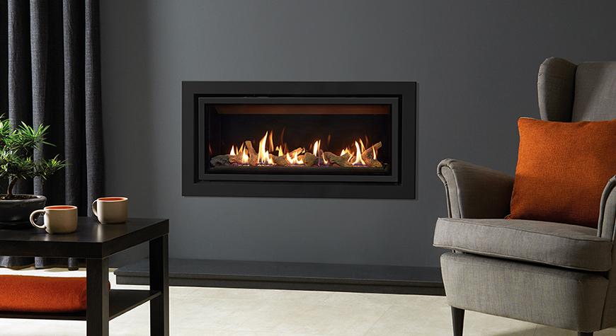 Gazco Studio 2 Slimline gas fire, Profil Frame in Anthracite, with Log-effect fuel bed and Black Glass lining.