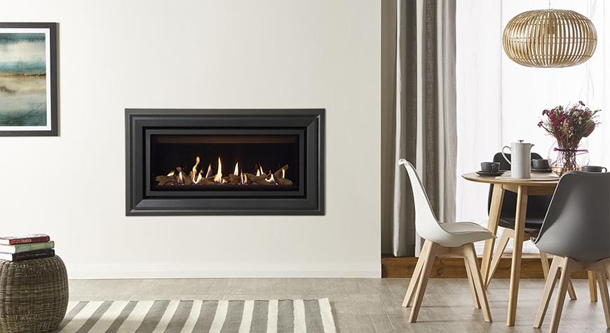Gazco Studio 2 Slimline gas fire, ZC Steel frame in Graphite, with Log-effect fuel bed and Black Glass lining. 