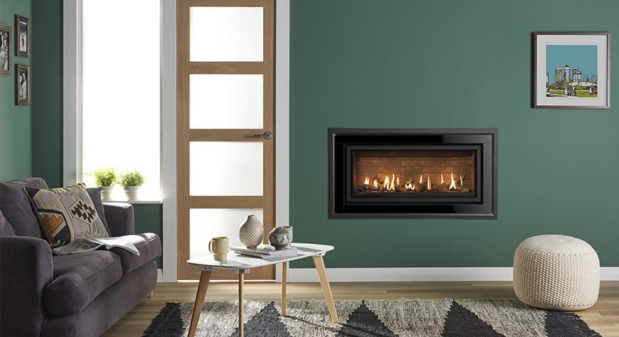 Gazco Studio 2 Slimline gas fire, ZC Glass frame in black glass, with Log-effect fuel bed and Brick Effect lining. 