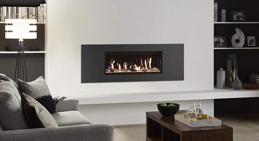 Gazco Studio 2, Steel 2 Frame in Graphite with Pebble and Stone fuel bed and Black Glass lining