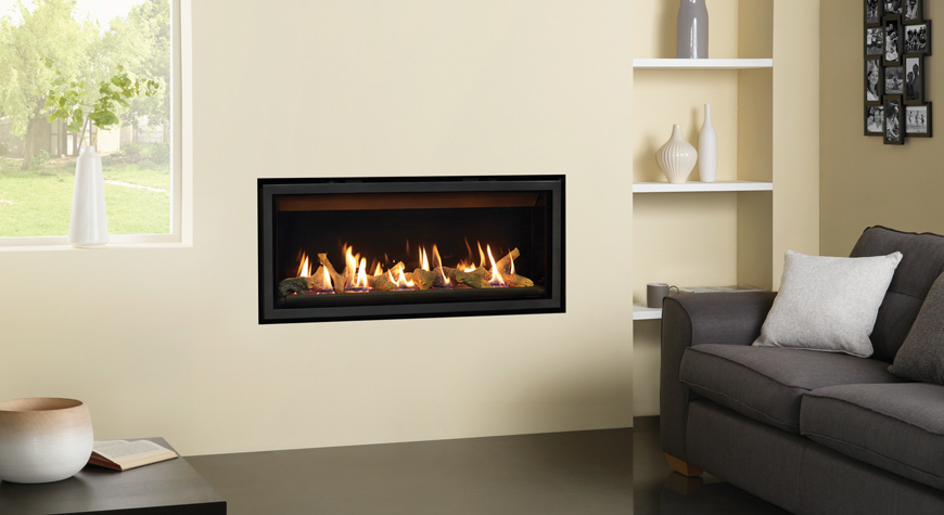 Gazco Studio 2 Slimline Edge gas fire, Glass Fronted with Log-effect fuel bed and Black Glass lining
