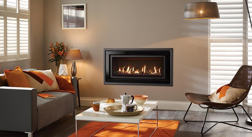 Gazco Studio 2 Slimline gas fire, ZC Glass frame in black glass, with Log-effect fuel bed and Black Reeded lining.  
