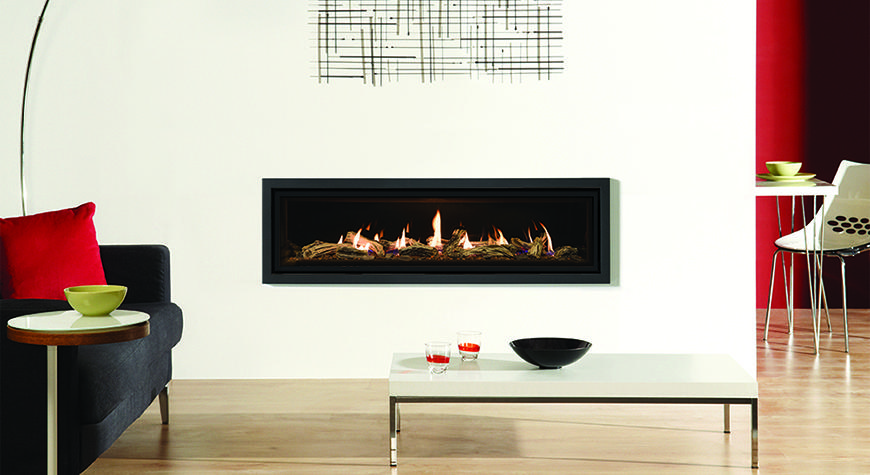 Gazco Studio 3 Profil gas fire in Anthracite with Driftwood Log-effect fuel bed and Black Glass lining