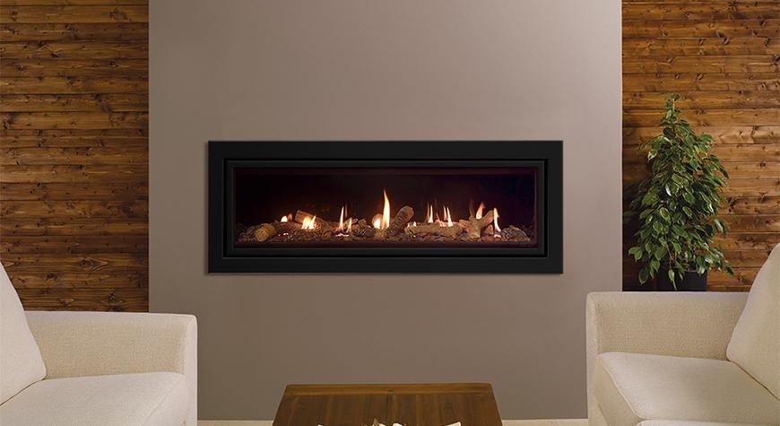 Gazco Studio 3 Profil gas fire in Anthracite with Log-effect fuel bed and Black Glass lining