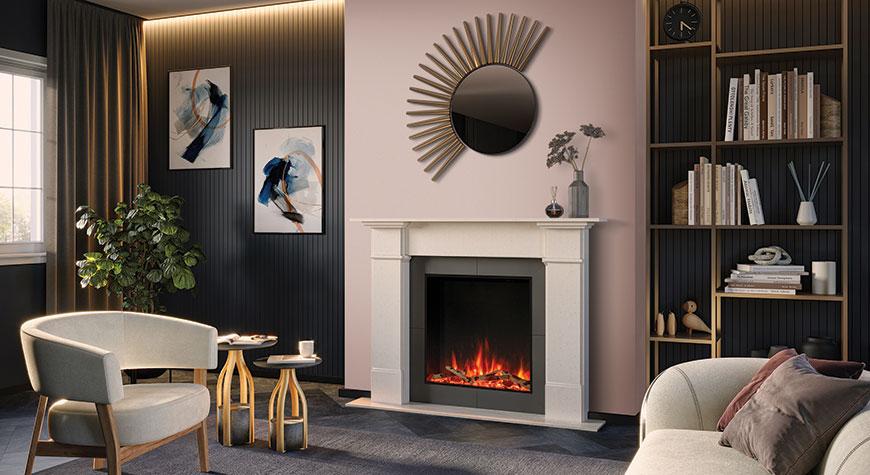 Gazco eStudio 60R electric fire with Dulux Sweet Embrace feature wall