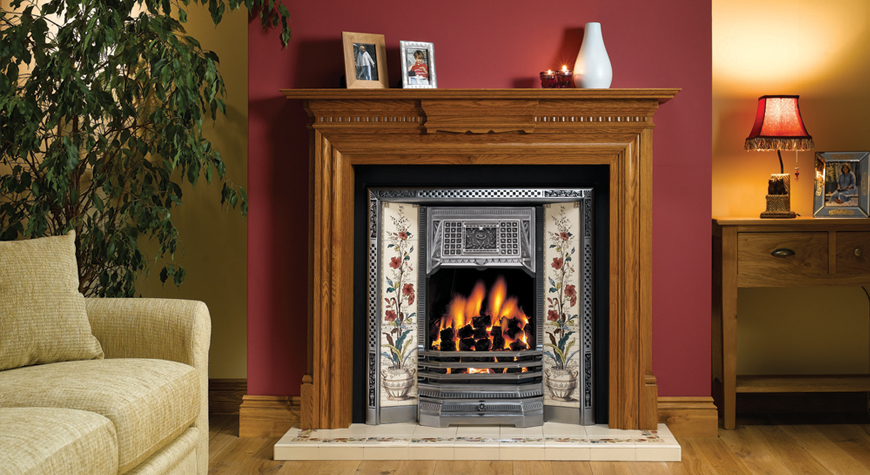 Stovax Victorian Tiled Front, highlight polished and 2 x Plant & Urn 5-tile sets. Also shown: Chatsworth rich oak mantel and Plant & Urn Hearth border tiles.