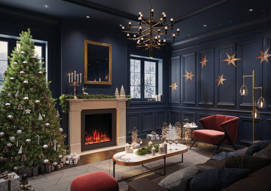 An elegant and stylish Christmas living room heated by an inset electric fire installed in a hearth.
