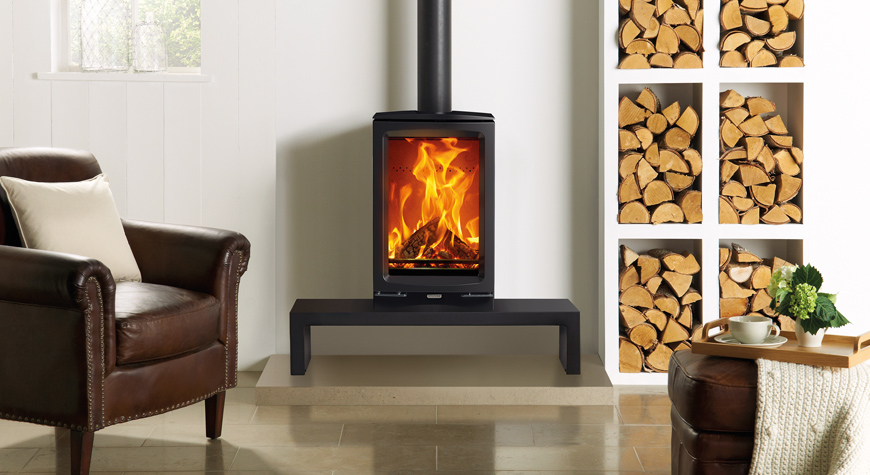 Stovax Vogue Midi T wood burning stove on Riva 120 low bench