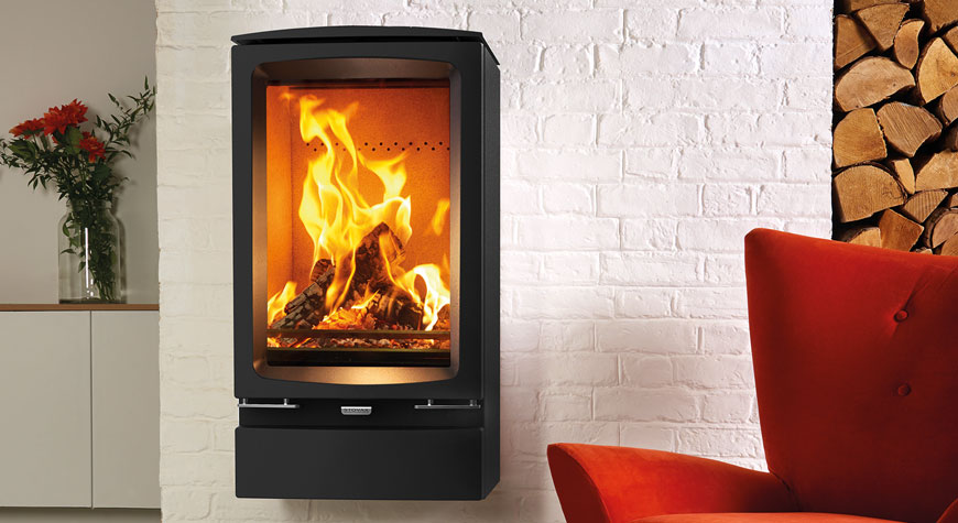 Stovax Vogue Midi T wood burning stove with optional wall mounting bracket and optional plinth base