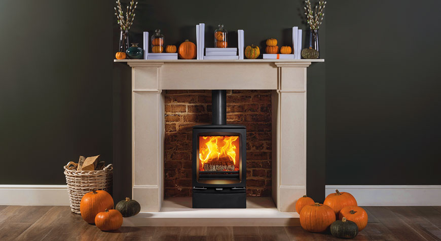 Stovax Vogue Midi wood burning stove with Claremont Limestone mantel