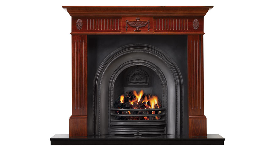 Stovax Adam in Mahogany Stained Cedar with Stovax Matt Black Decorative Arched Insert