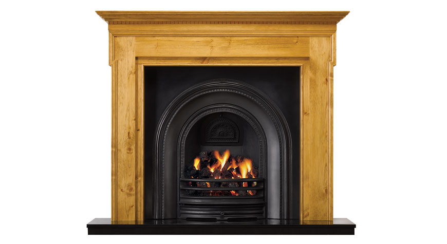 Stovax Carlton in Waxed Antique Pine with Stovax Matt Black Decorative Arched Insert