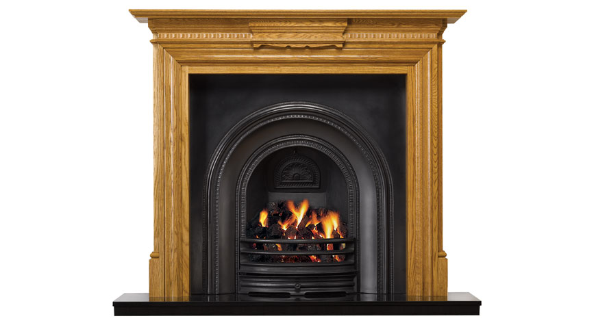 Stovax Chatsworth in Lacquered Antique Pine with Stovax Matt Black Decorative Arched Insert