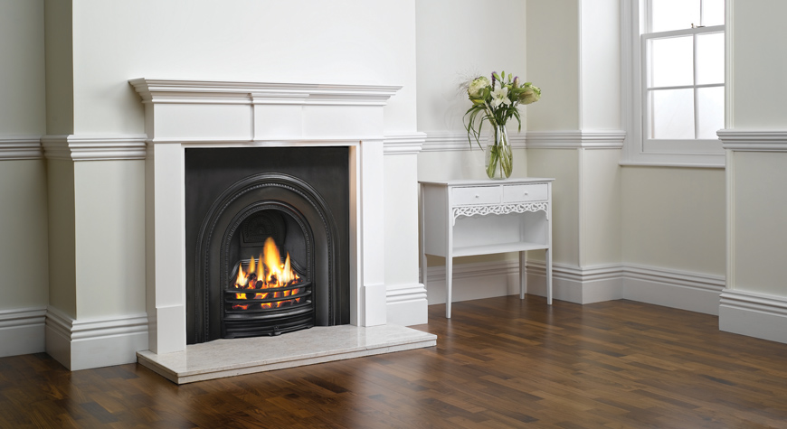 Stovax Decorative Arched Insert fireplace with Pembroke wood mantel, Matt Black 