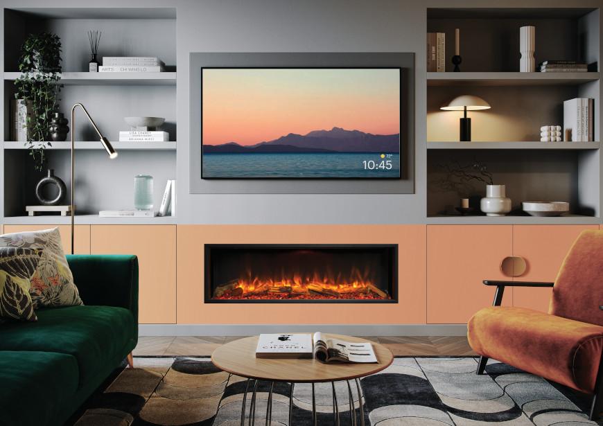 An electric fire in a media wall setting
