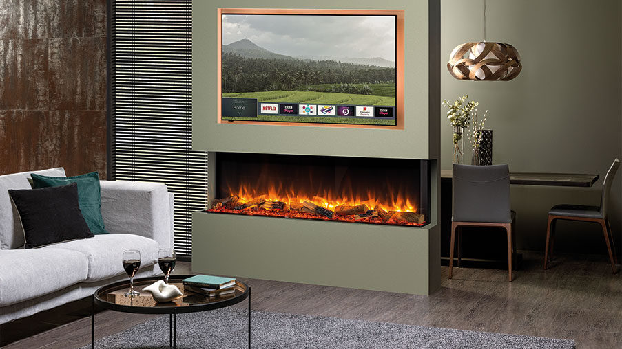 Gazco eReflex 150RW with Oak Log effect, shown as a three-sided installation. Shown with optional Mood Lighting System.