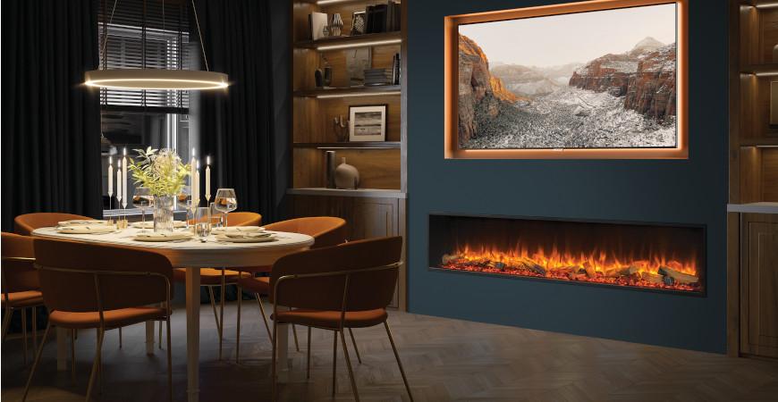 Gazco eReflex 195RW inset electric fire, installed in a media wall in a dining room setting with cabinets either side