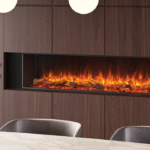 Widescreen electric fire in kitchen