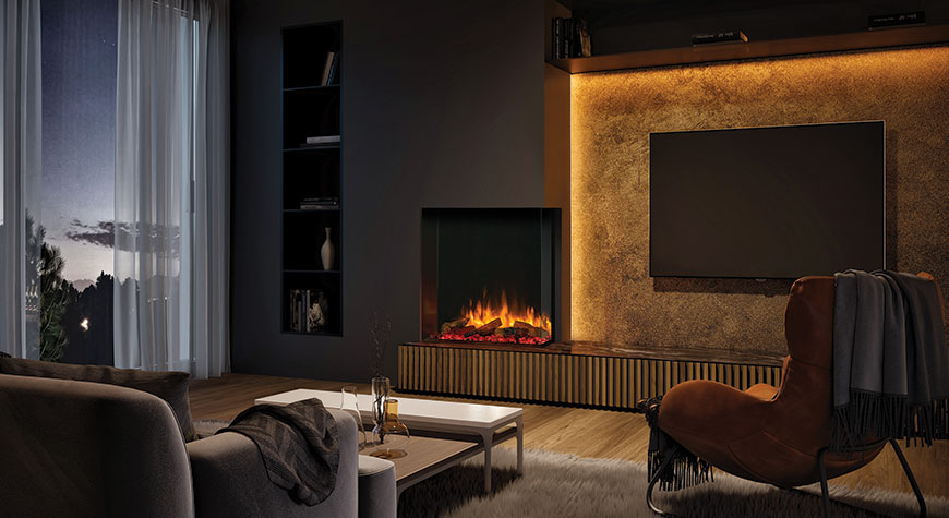 Gazco eReflex 75RW with Oak Log effect, shown as a two-sided installation. Shown with optional Mood Lighting System.