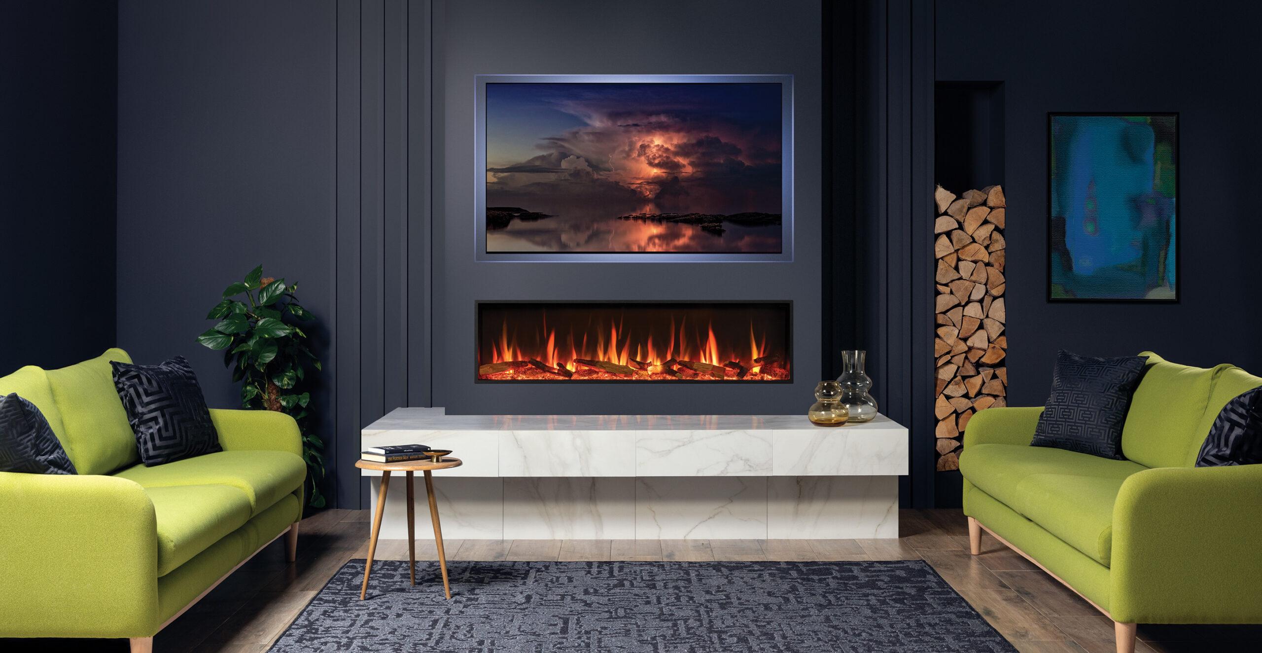 Gazco eStudio 135R electric fireplace. Modern fireplace media wall.