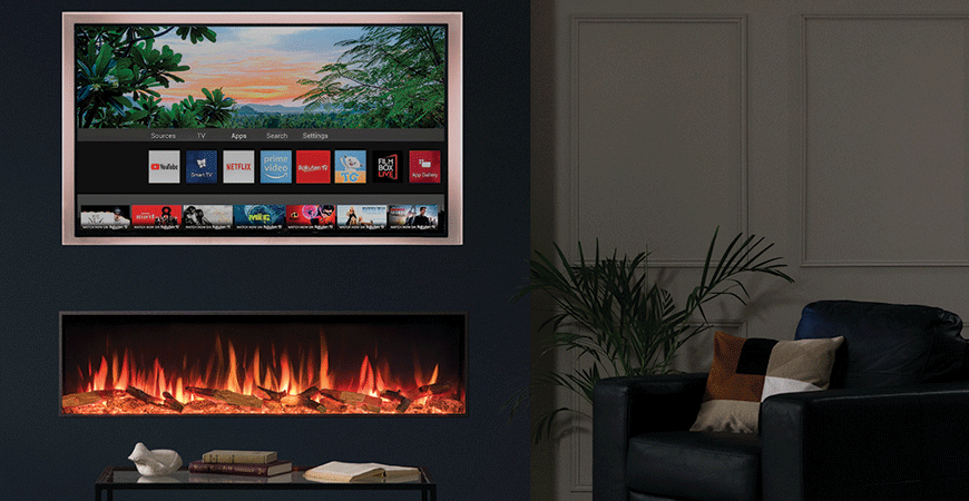 Media wall electric fireplace. Electric fire in media wall. Media wall with fire.