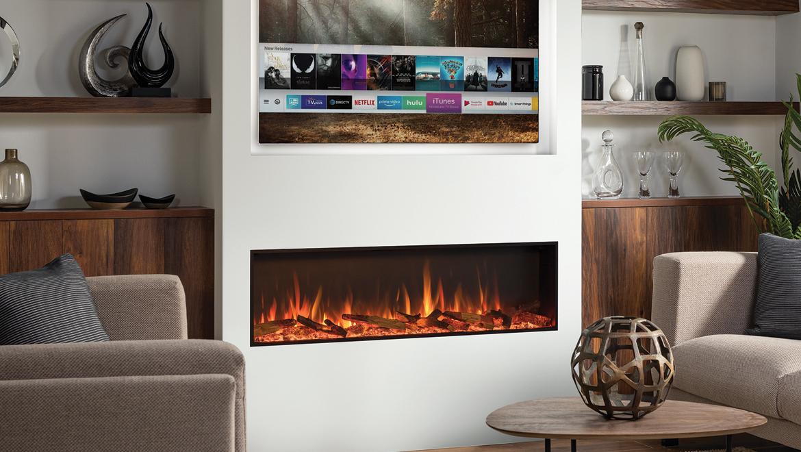 Media wall with electric fire. Media wall ideas. Gazco eStudio electric fire. Media walls: your questions answered