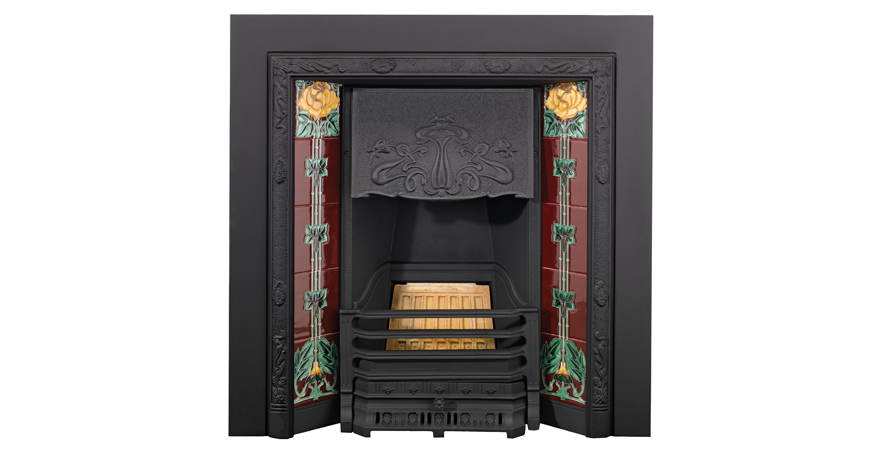 Stovax Art Nouveau Tiled Insert, matt black with English Rose fireplace tiles