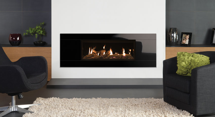 Gazco Studio 2 Glass gas fire, Conventional Flue Glass Fronted with Log-effect fuel bed and Black Reeded lining