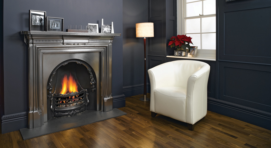 Stovax Georgian Cast Iron Mantel in Matt Black with Fully Polished Adelaide Insert with ashpan