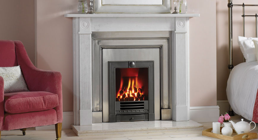 Georgian Roundel in Antique White marble with Belgravia Polished Cast Front and Polished insert & Gazco Winchester Logic Hotbox fire
