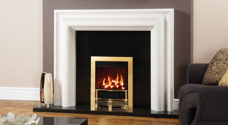 Stovax Grafton Stone Mantel in Natural Limestone with Logic HE Gazco fire with Polished Brass-effect Holyrood front and Polished Brass-effect Box Profil2 frame