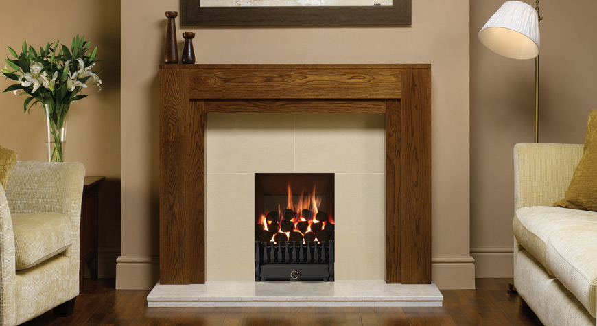 Stovax Alborg wood mantel with Gazco 16inch VFC Tapered Fire in matt black with Stovax Spanish front