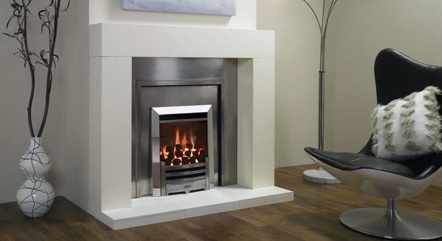 Stovax Malmo in Warm White with Gazco VFC Convector fire with Highlight Polished Arts front and Polished Stainless Steel Arts frame