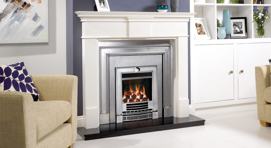 Stovax Pembroke mantel in White with Gazco E-Box fire and Polished Winchester complete front and Belgravia Cast Iron Inset