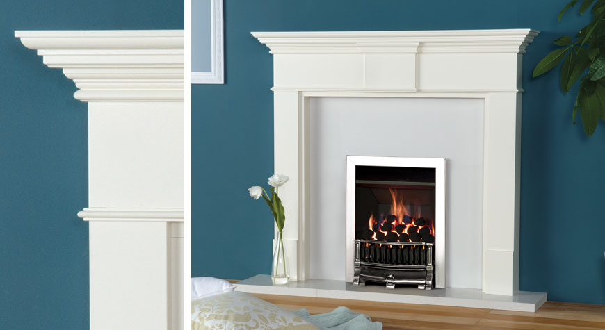 Stovax Pembroke mantel in Warm White with Gazco VFC Convector fire with Highlight Polished Holyrood front and Polished Stainless Steel Profil frame.