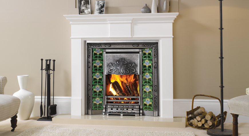 Stovax Art Nouveau Convector Fireplace with fully polished finish and Purple Flag tiles.