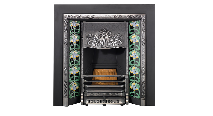 Stovax Art Nouveau Tiled Insert, highlight polished with Purple Flag fireplace tiles