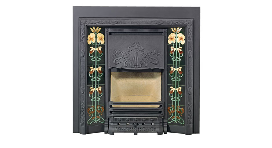 Art Nouveau Tiled Convector in Matt Black with Evening Primrose Fireplace Tiles
