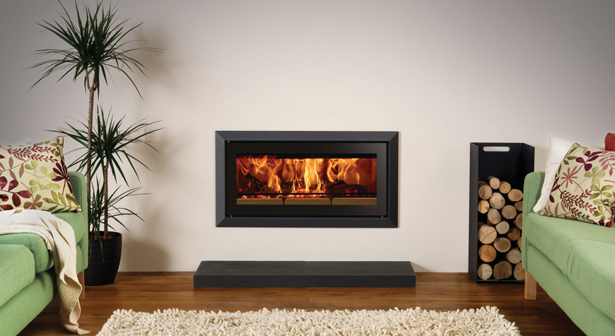 Stovax Studio 2 Bauhaus inset wood burning fire in Jet Black Metallic. Also shown - Medium log holder also available from Stovax.