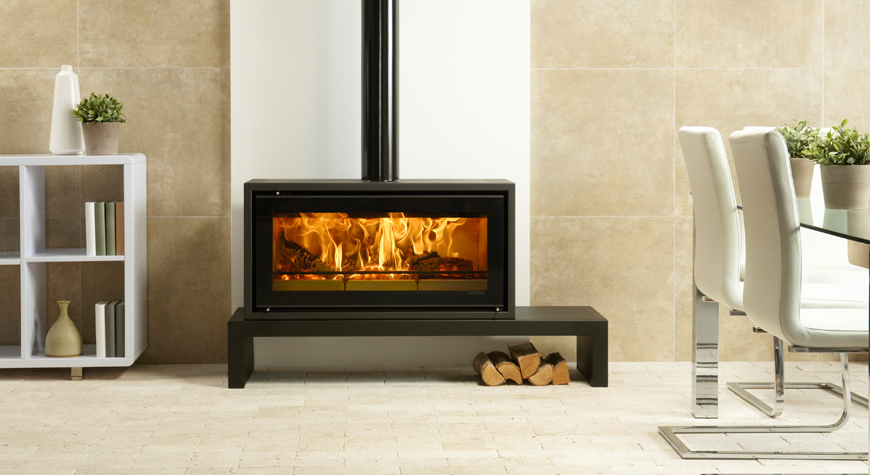 Stovax Studio 2 Freestanding wood burning stove on 140 Low Bench with gloss black enamelled flue pipe.