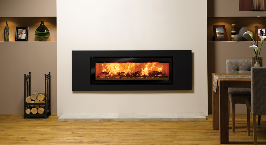 Stovax Studio 3 Steel inset wood burning fire in Jet Black Metallic. Also shown: Large Ironworks log holder  & tool set also available from Stovax.