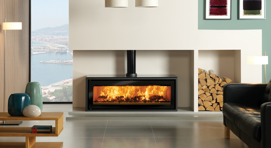 Stovax Studio 3 Freestanding wood burning stove shown with decorative black flue ring cover.
