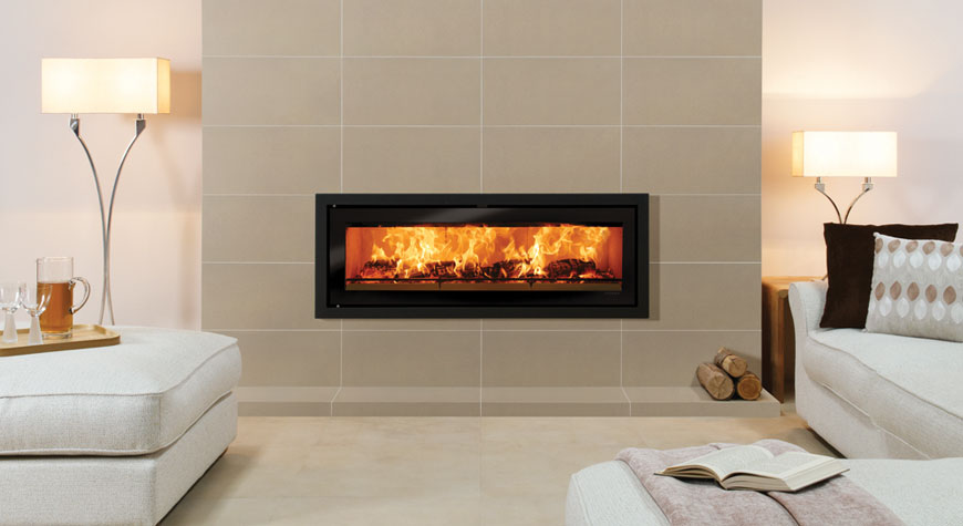 Stovax Studio 3 Profil inset wood burning fire in Jet Black Metallic with Cape Town Grey Fire Surround Tiles. 