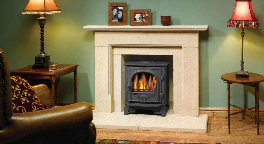 Gazco Stockton 5 gas stove, conventional flue with coal-effect fire (Please note this is a viable installation in stone, but not suitable for combustible materials)