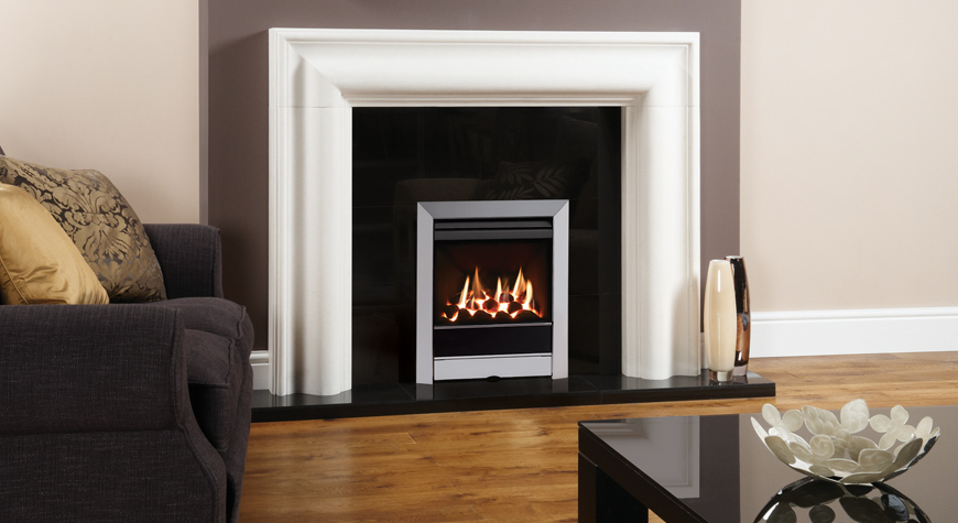 Gazco Logic™ HE Balanced flue fire with Coal-effect fuel bed and Tempo front in Brushed Stainless finish. Also Shown: Grafton Limestone mantel from Stovax. (GB Patent application no: 1108451.4)